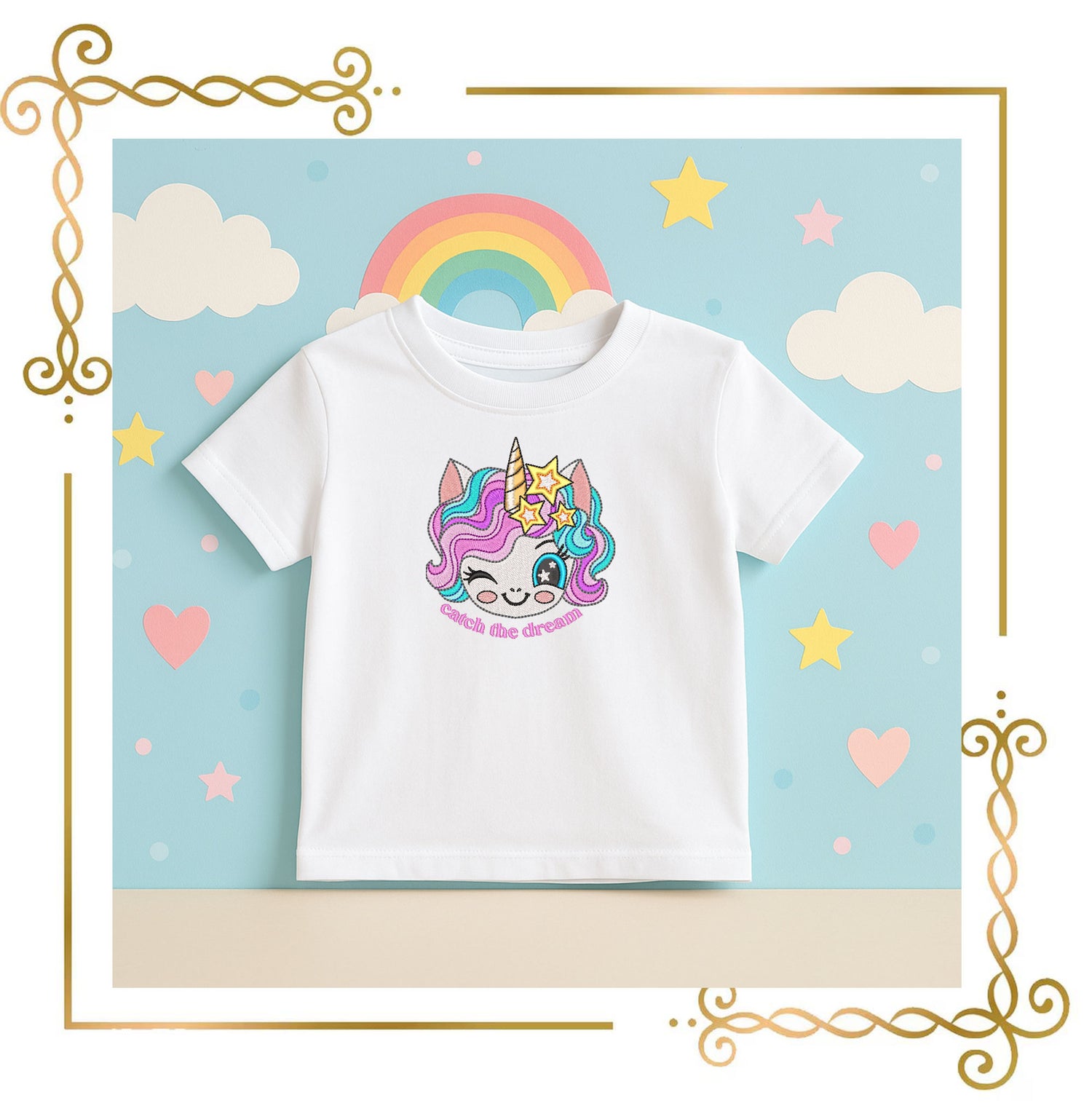 Embroidery Design Unicorn – Catch the Dream Kawaii Face for Machine Embroidery – Cute Pastel Rainbow Digital Download