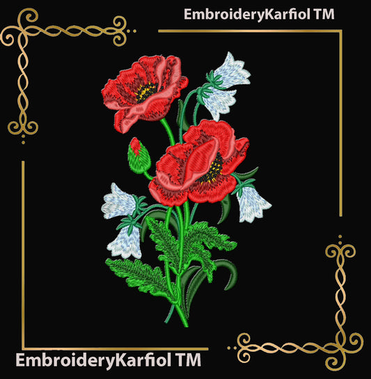 Flowers Poppy and Bellflower Embroidery Design, Red Poppies with Purple Flowers, Wildflower Bouquet Machine Embroidery File