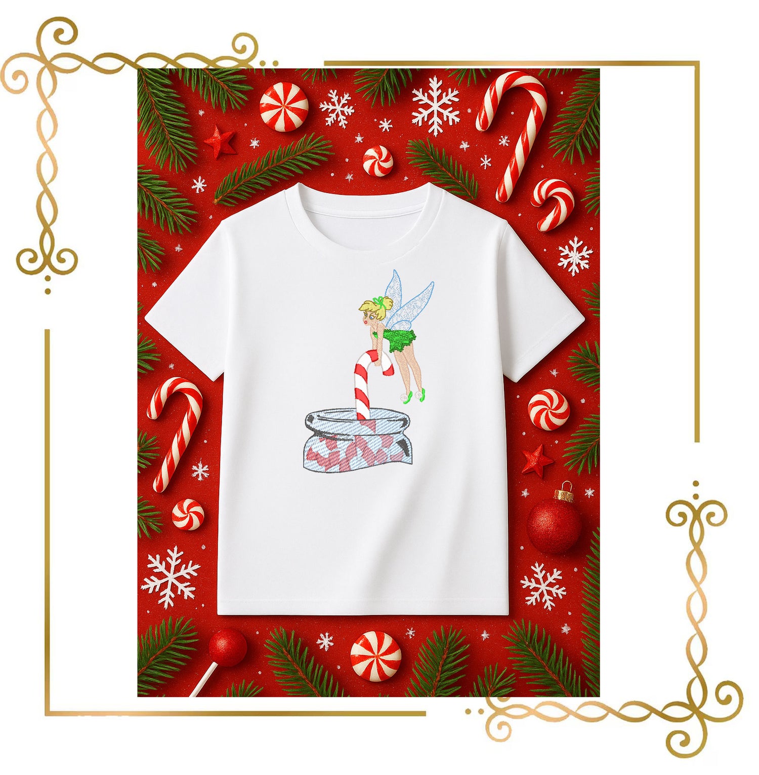 Princess Tinker Bell -Fabulous Fairy - jar with Candy cane - Christmas machine embroidery design