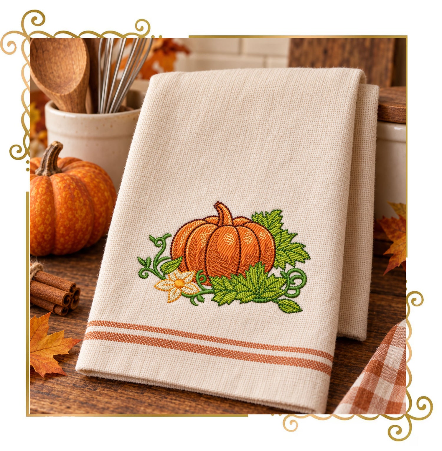 Halloween - Fall Pumpkin Machine Embroidery Design Autumn Leaves Floral Harvest Digital Embroidery File