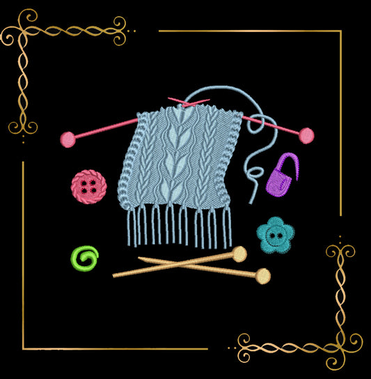 Christmas Knitting Themed Embroidery Design with Decorative Elements 2 sizes
