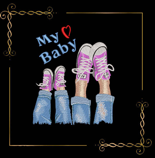 Miscellaneous Mother's Day mom and baby  legs in sneakers jeans machine embroidery design