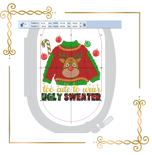 Christmas  too cute to wear ugly sweater Santa and Deer digital machine embroidery design