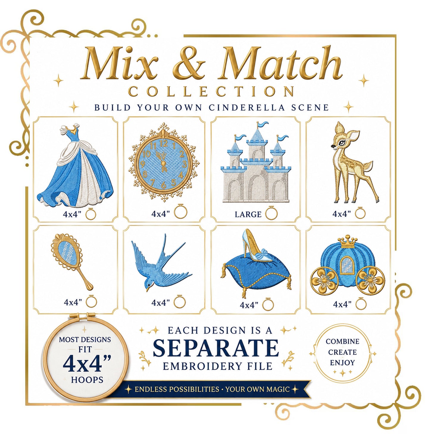 Princess Cinderella Embroidery Design Set – 9 Files Princess, Castle, Carriage, Clock –  Bundle, only manual digitization (Digital)