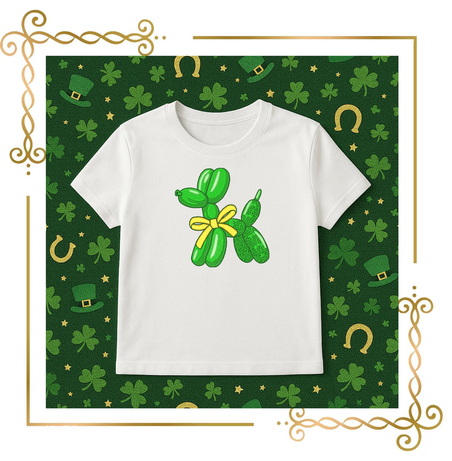 Green Balloon Dog with Yellow Bow, Lucky Charm–Embroidery Design –  Lucky Charm Style,  Perfect for St. Patrick’s Day
