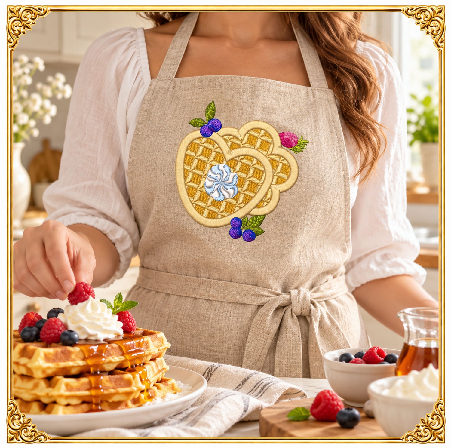 Heart Waffles Embroidery Design, Berries Whipped Cream Dessert, Sweet Breakfast (Instant Download)
Heart shaped waffles embroidery design with fresh berries, a swirl of whipped cream and a dusting of sugar, digitized in a detailed realistic food style for machine embroidery.