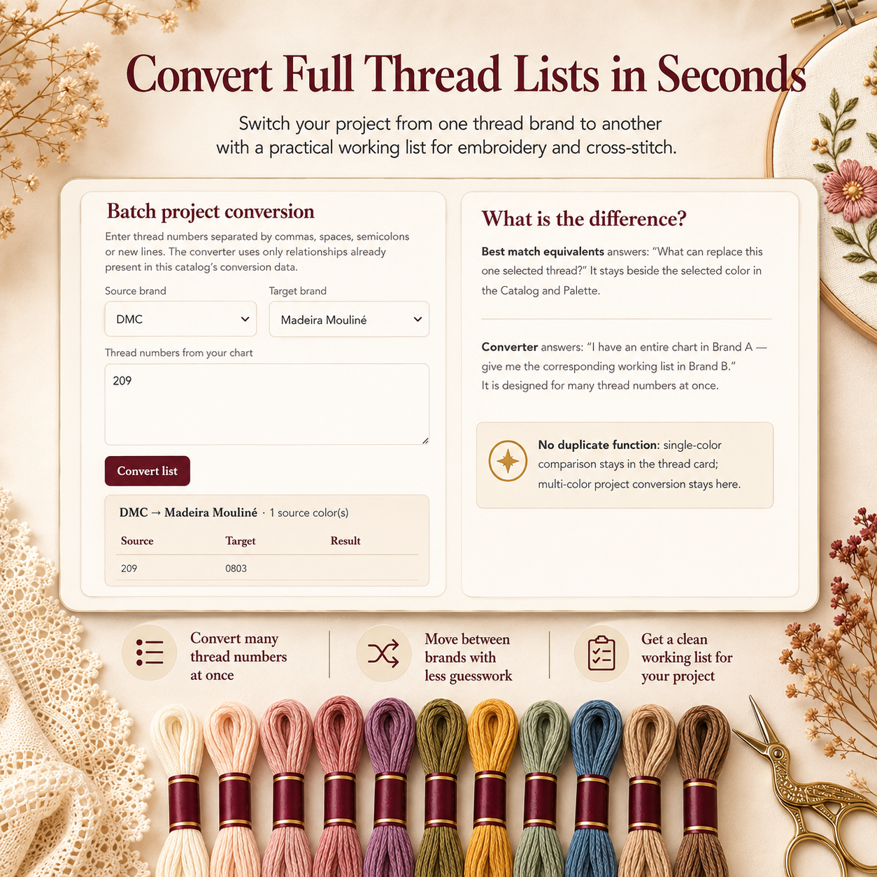 Interactive Hand Embroidery Thread Catalog | DMC Floss Converter, Color Matching, Cross Stitch Calculators & Palette