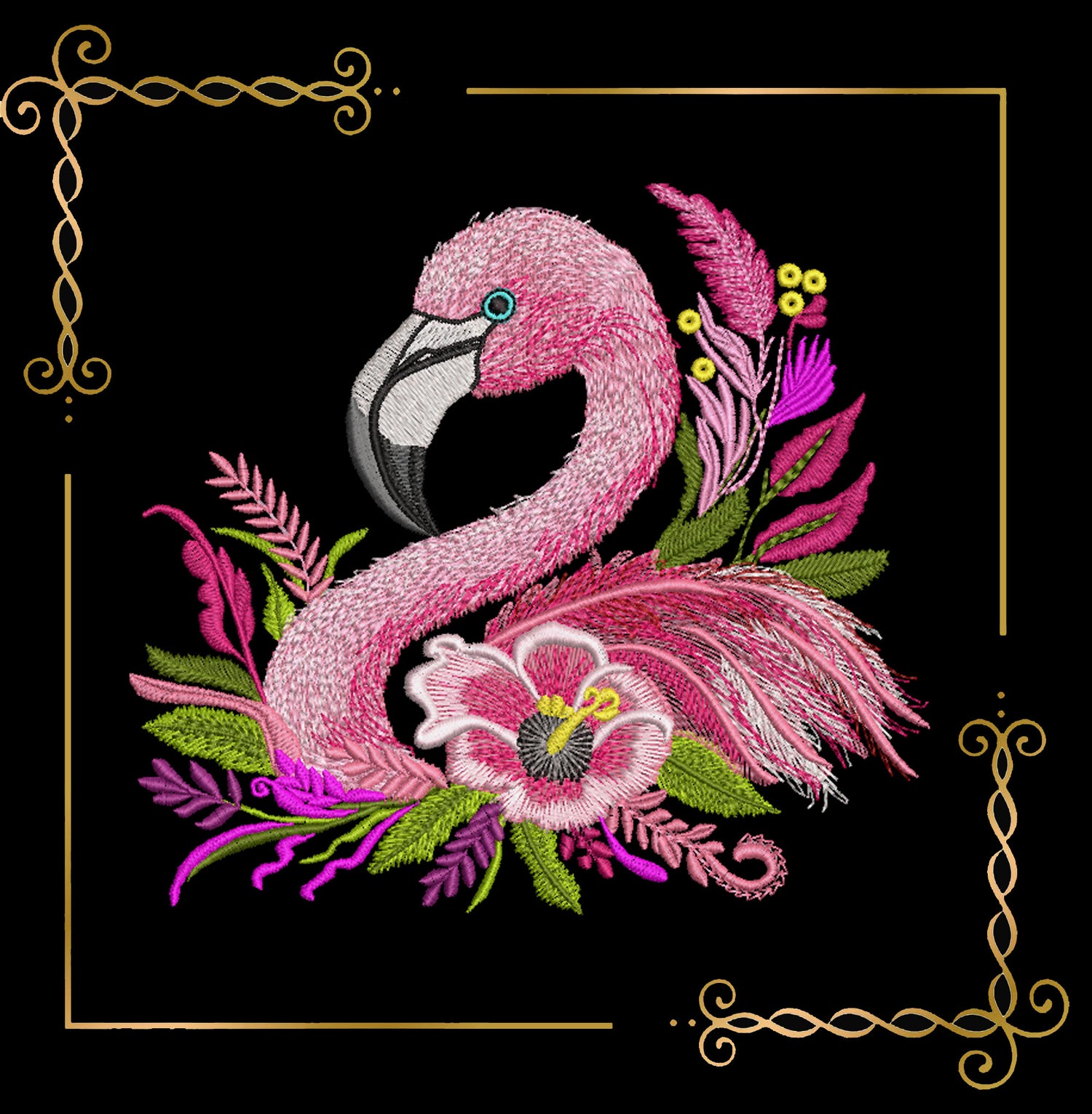 Animals Pink trendy flamingo with flowers machine embroidery design digital