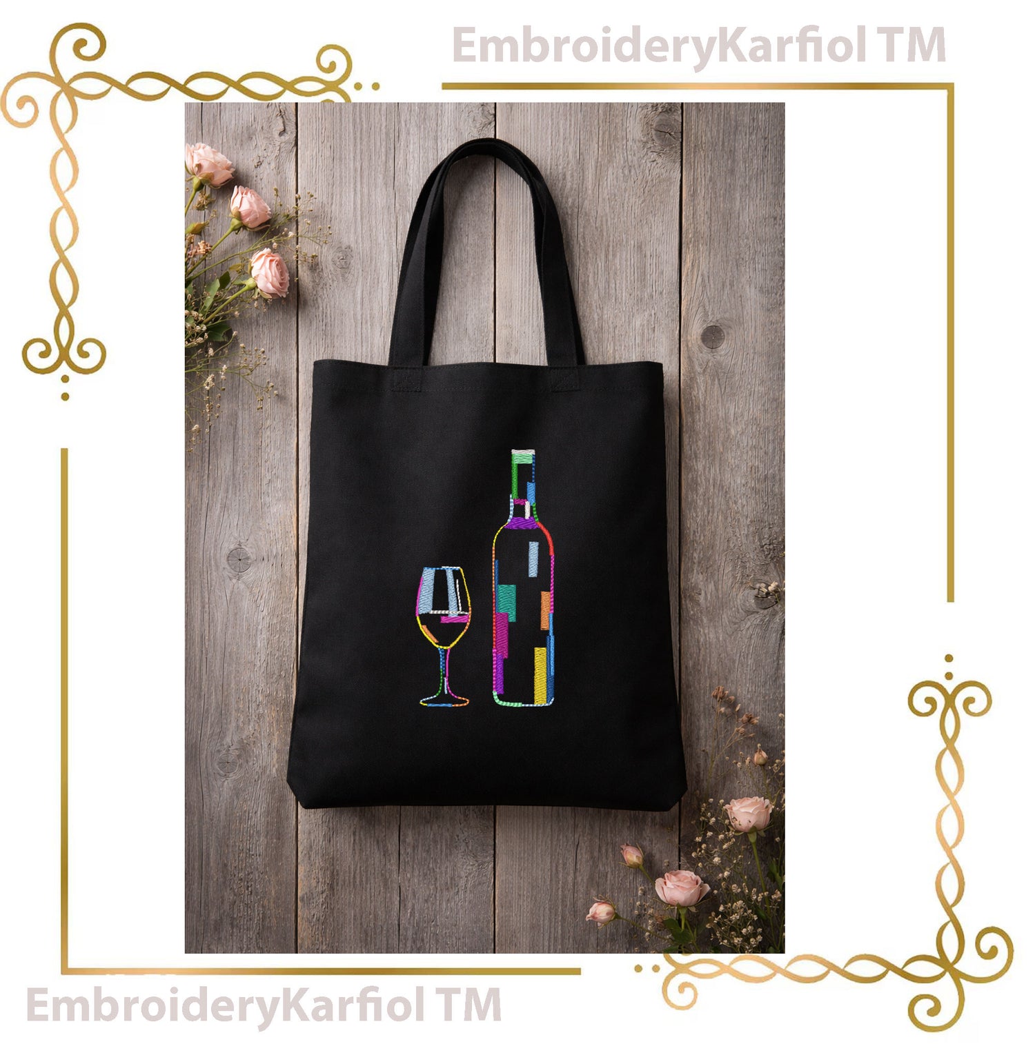 T-shirt Abstract Wine Bottle and Glass Embroidery Design | Artistic Line Art Style