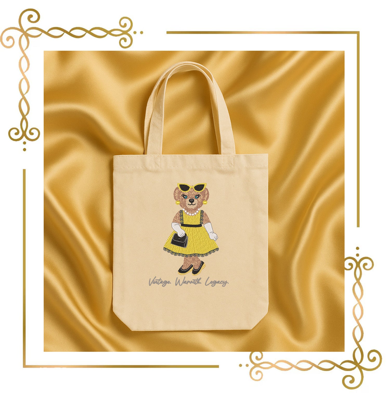 Teddy Bear Embroidery Design – Girl in Gold Dress with Pearls – Vintage Elegant Machine Embroidery File – Cute Retro Bear Pattern