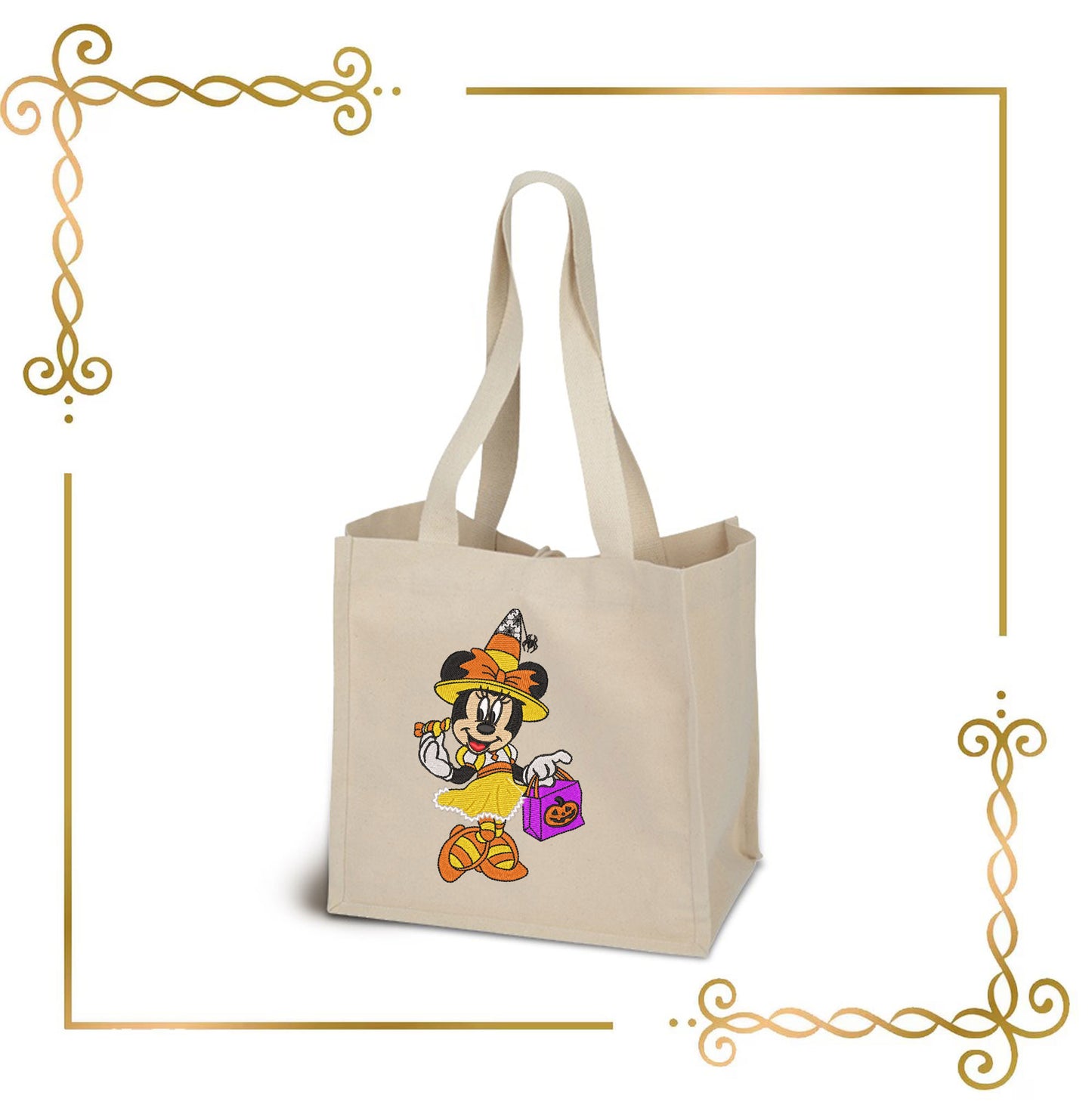 Halloween Minnie Mouse wearing a hat with a handbag and a pumpkin digital Embroidery designs