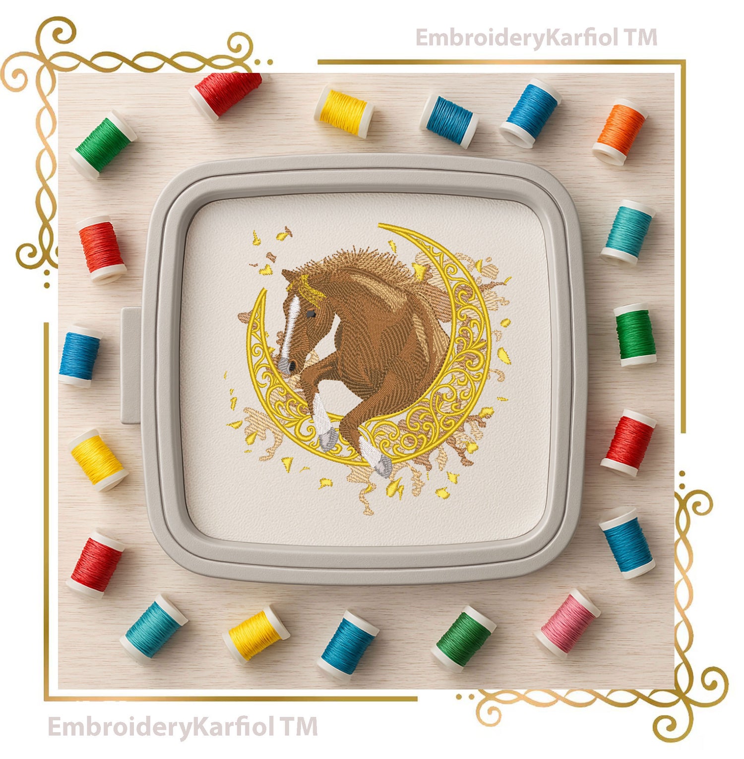 Horse on Moon - Embroidery Design - Chistmas Red Holiday Version and Natural Brown (Digital Download)