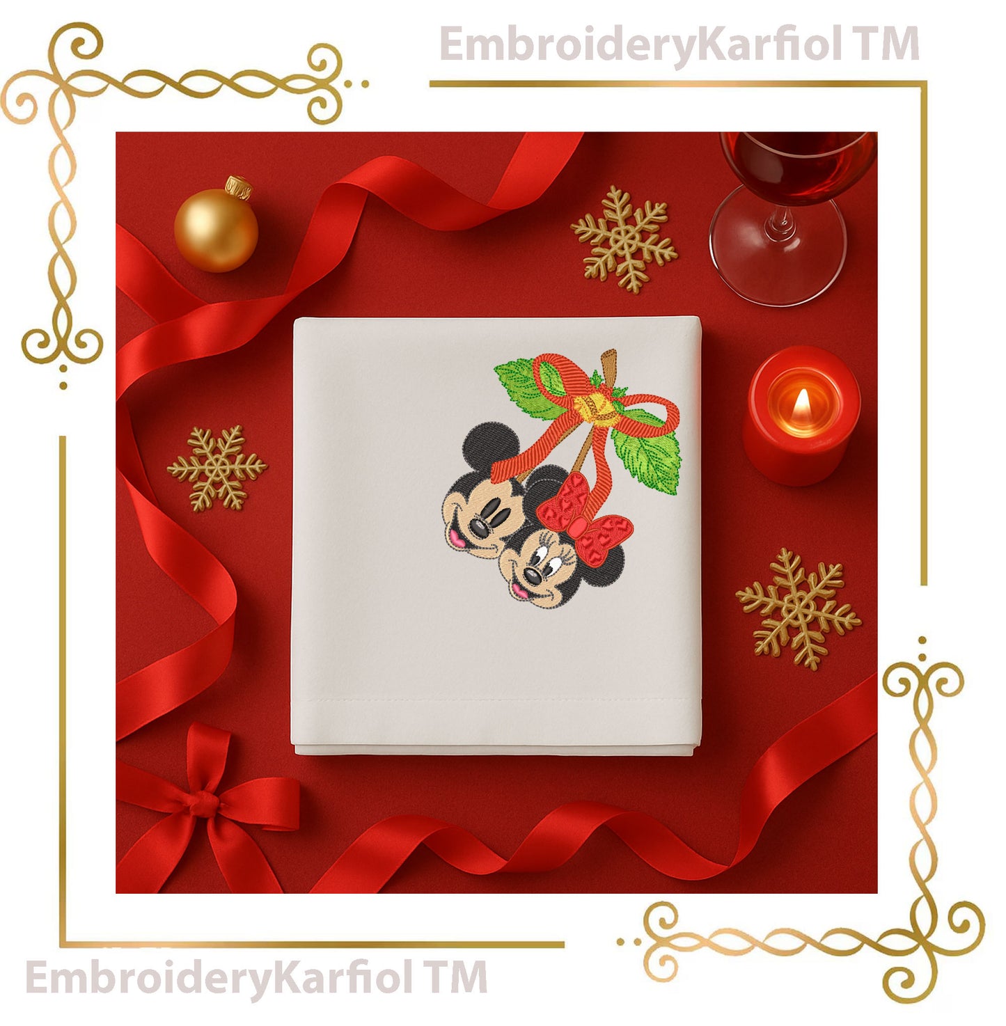 Mickey and Minnie Mouses Christmas Winter Christmas Cherry Embroidery Design