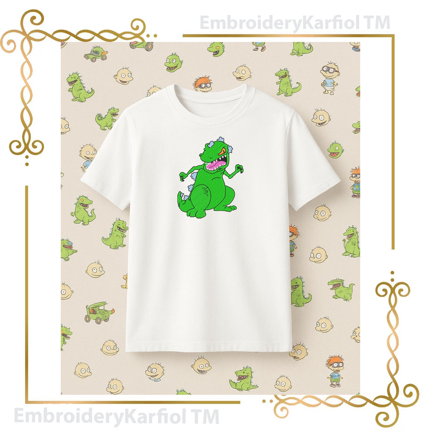 Reptar Wagon Embroidery Design | Cartoon Dinosaur Machine Embroidery Pattern | Green Dino