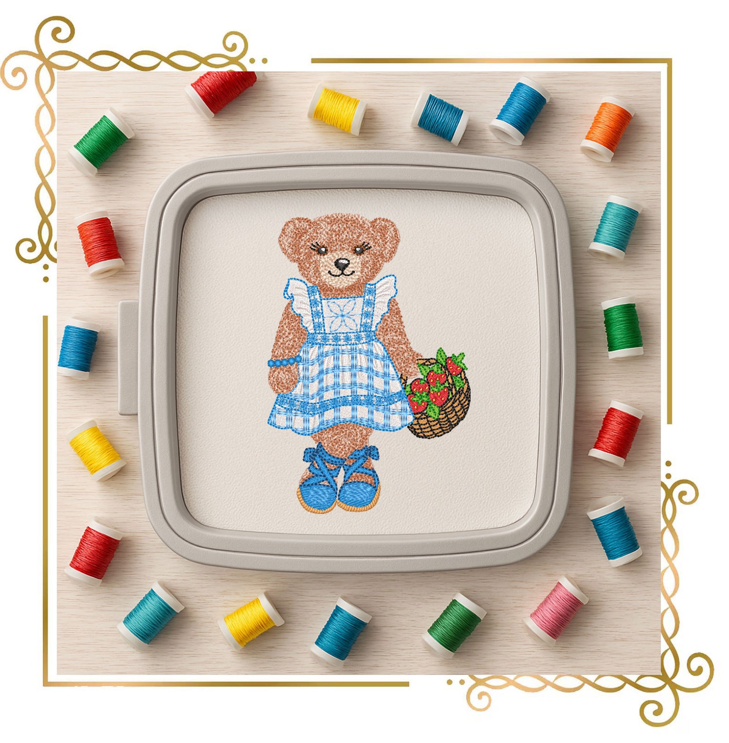 Teddy-Bear – in a fancy dress with Strawberry Basket –style-Fashion-Ralph-Lauren - Digital File for Machine Embroidery 