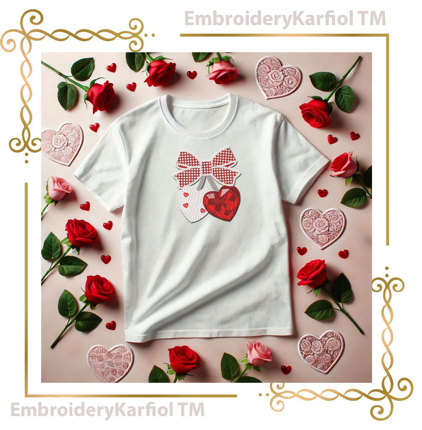 Valentines Day Bow with Crystal and Knit Hearts Embroidery Design File 2 Sizes