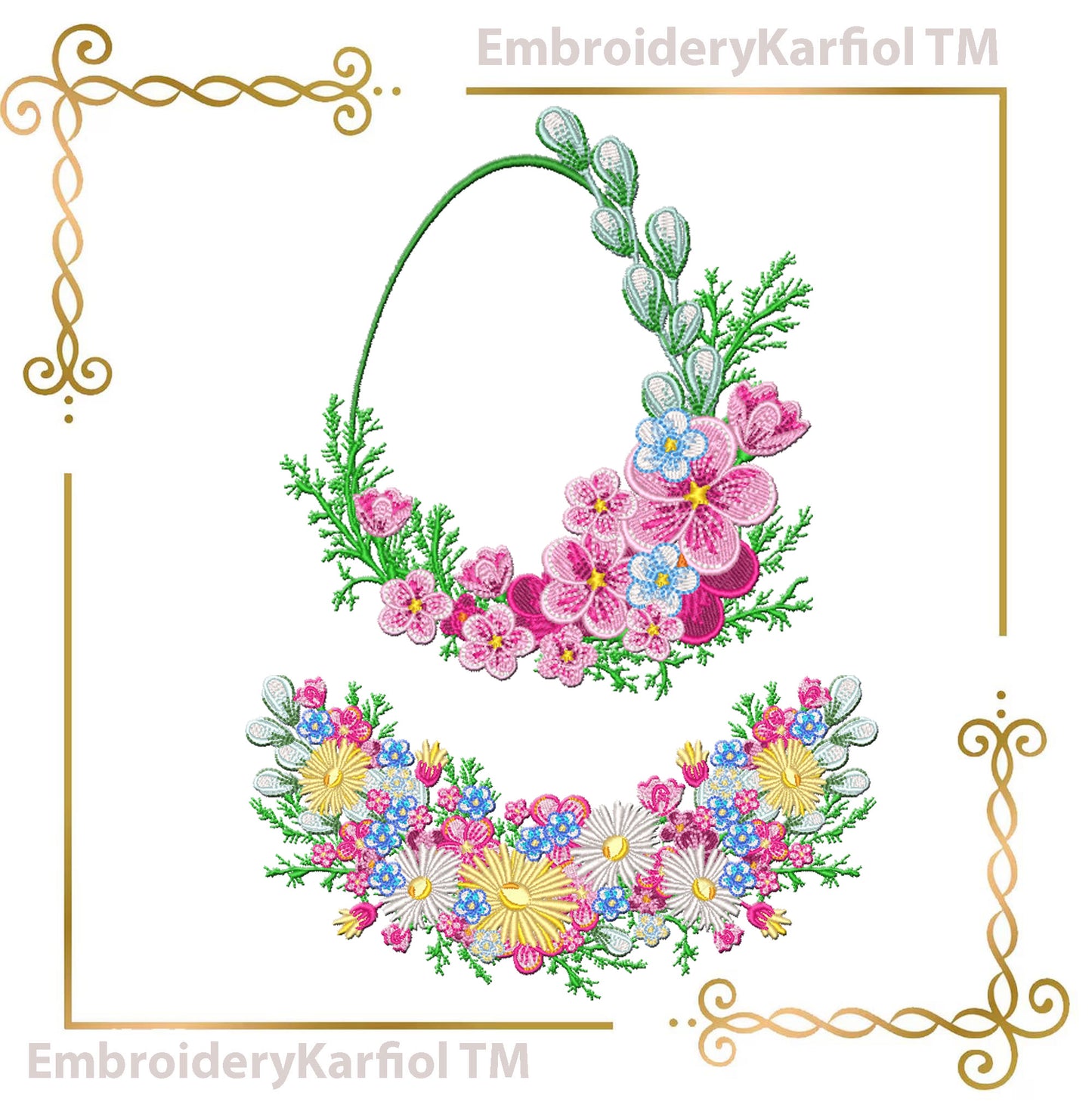 Easter Two matching machine embroidery designs: a floral Easter egg wreath with blue flowers and greenery, plus a coordinating floral border.