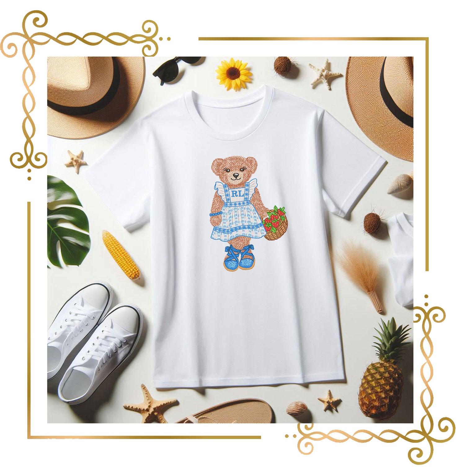 Teddy Bear Embroidery Design – Teddy Bear with a basket of strawberries Polo – Digital File for Machine Embroidery 3 Sizes