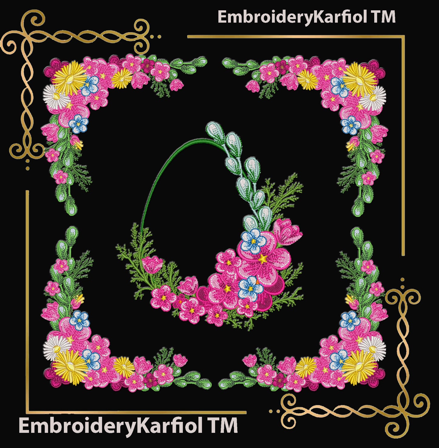 Easter Two matching machine embroidery designs: a floral Easter egg wreath with blue flowers and greenery, plus a coordinating floral corner