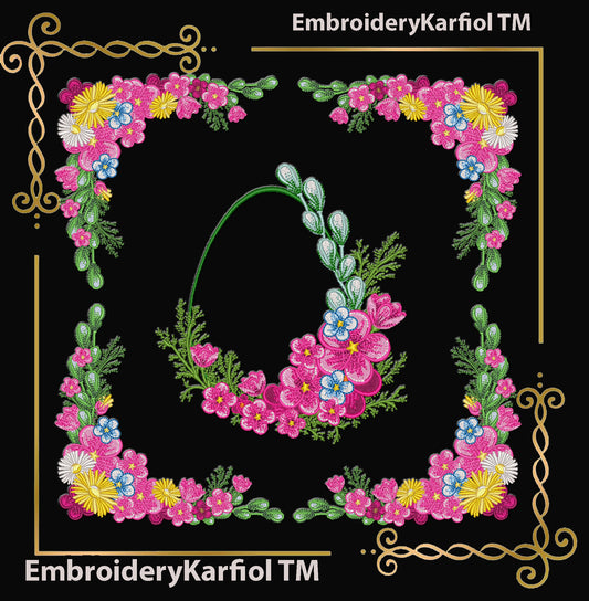 Easter Two matching machine embroidery designs: a floral Easter egg wreath with blue flowers and greenery, plus a coordinating floral corner