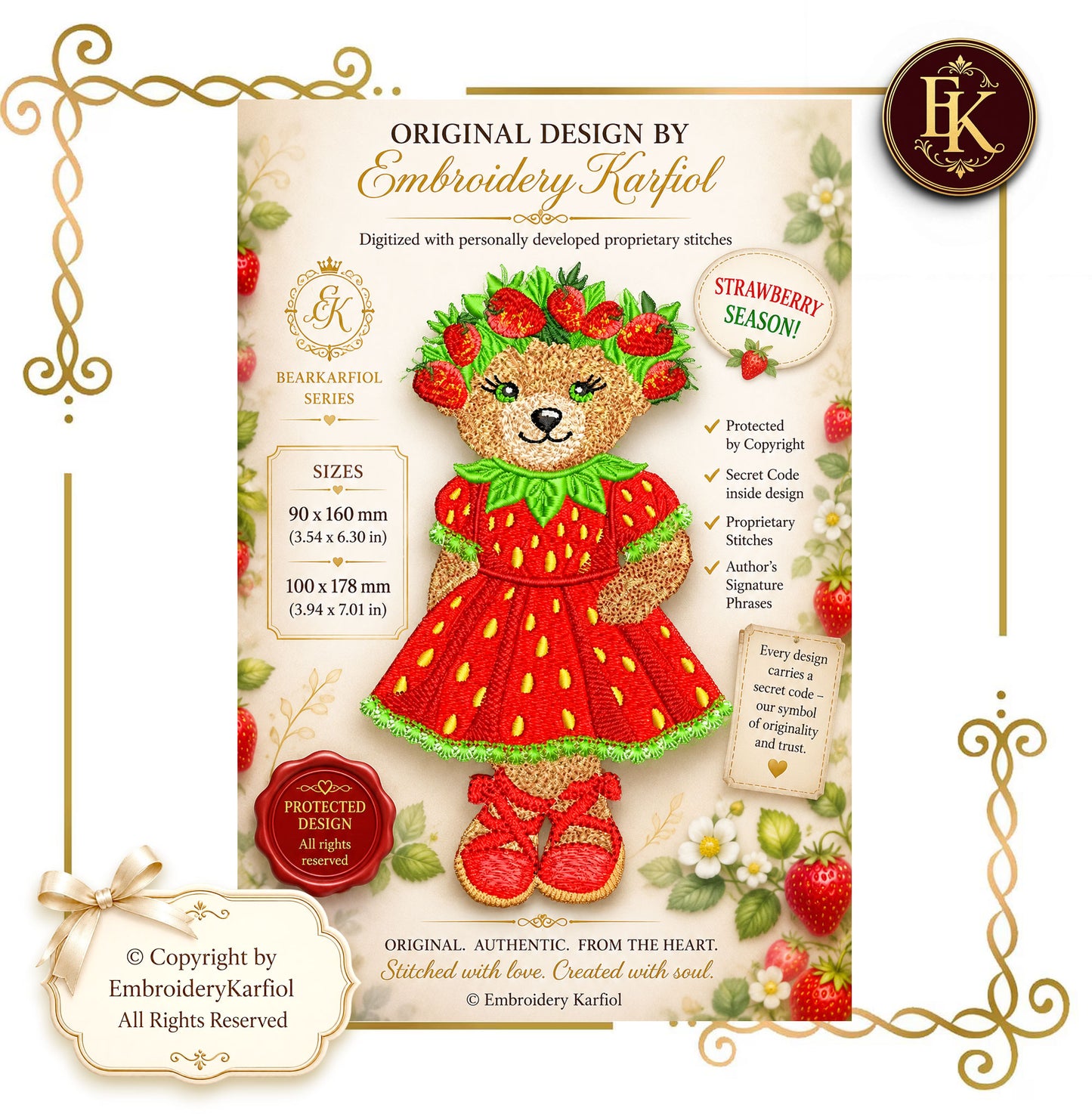 Strawberry Bear Embroidery Design – Teddy in Strawberry Dress, Summer Machine Embroidery, BearKarfiol Series | 2 Sizes