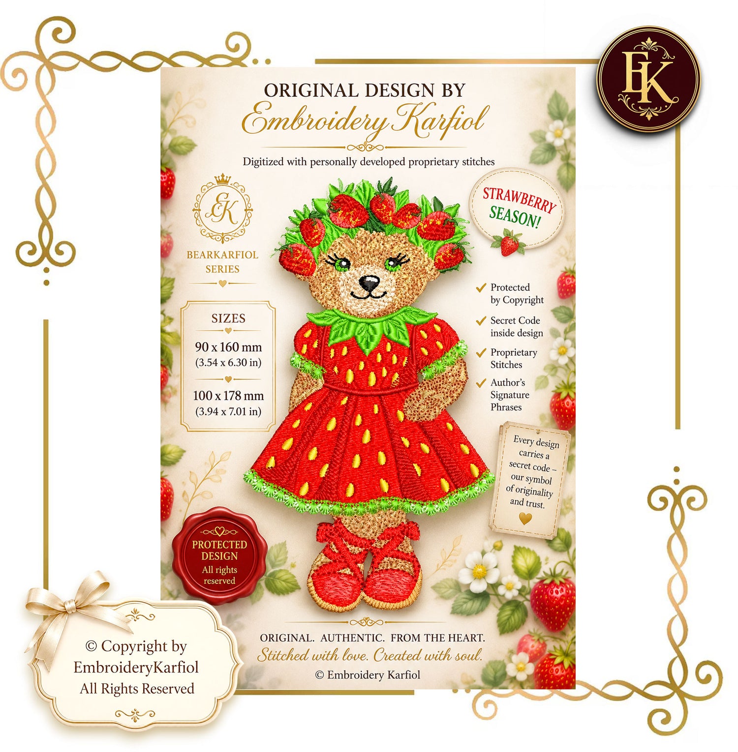 Strawberry Bear Embroidery Design – Teddy in Strawberry Dress, Summer Machine Embroidery, BearKarfiol Series | 2 Sizes