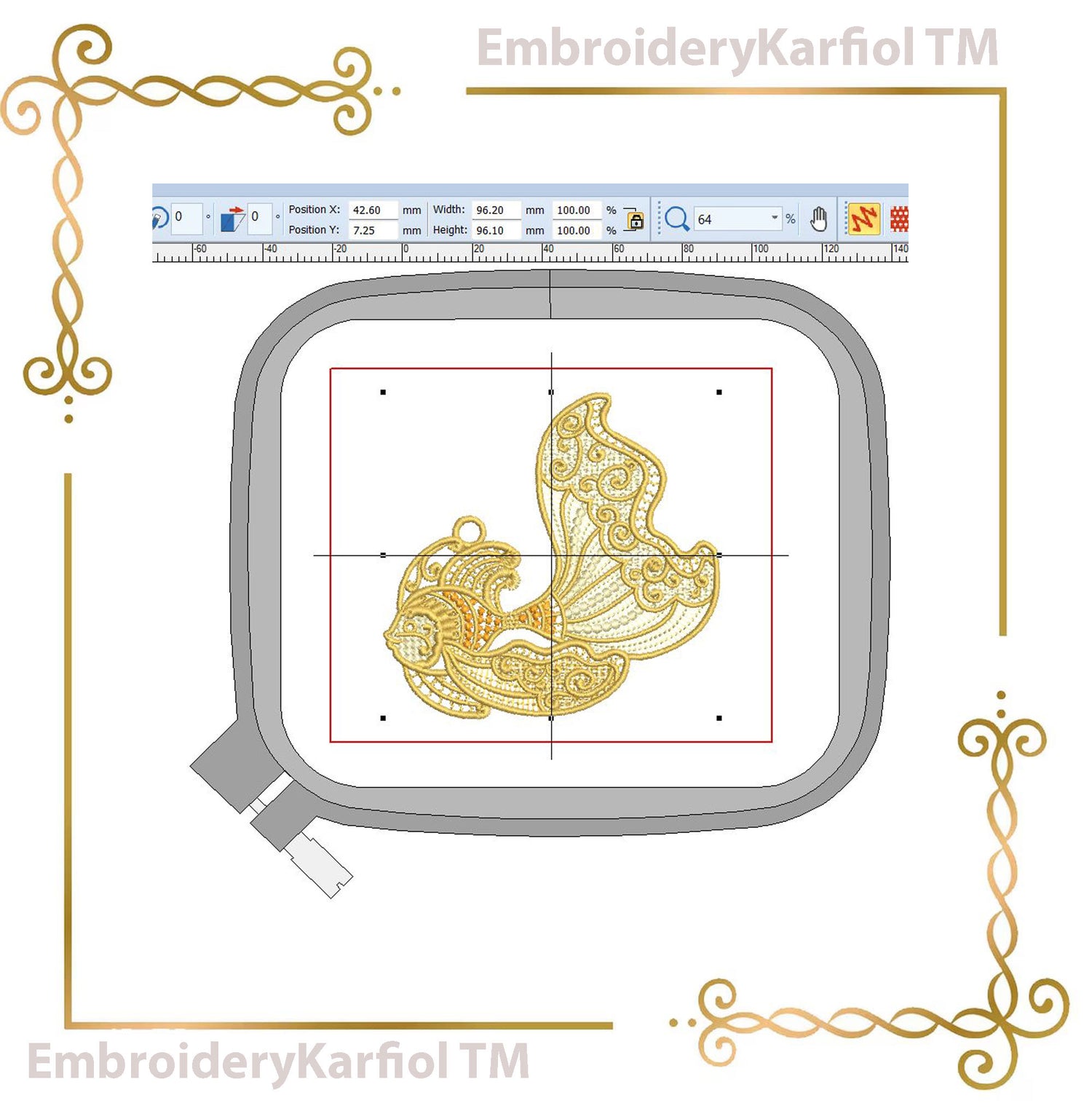 Lace Gold Lace Fish Embroidery Design, Ornamental Sea Creature, Freestanding Lace Pattern (Instant Download)