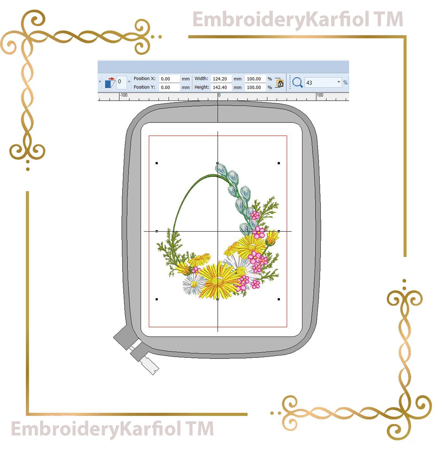 Easter  machine embroidery designs: a floral Easter egg wreath with flowers and greenery