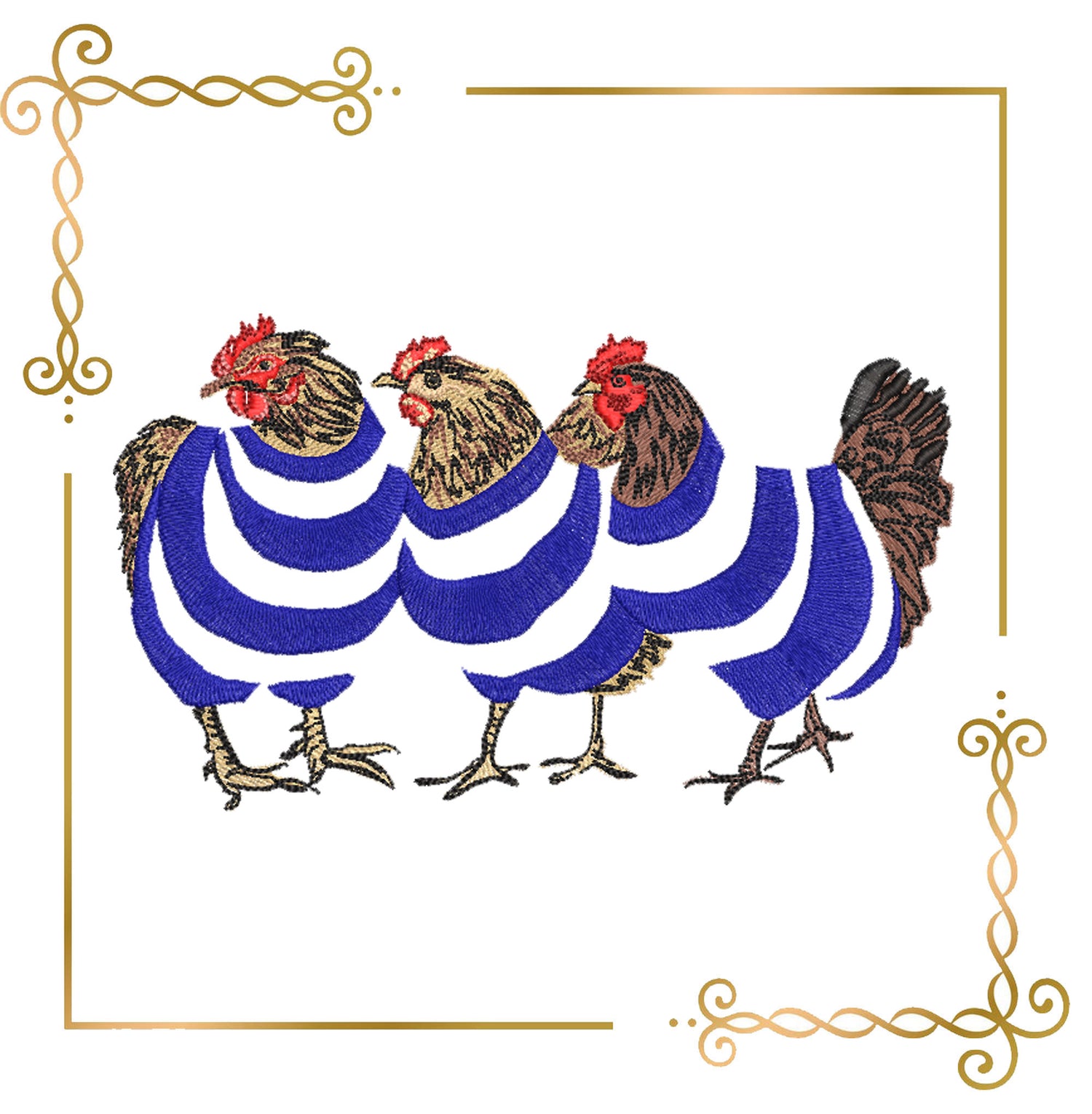 Easter Hens in Nautical Stripes – Funny Chicken Embroidery Design Digital 2 Sizes