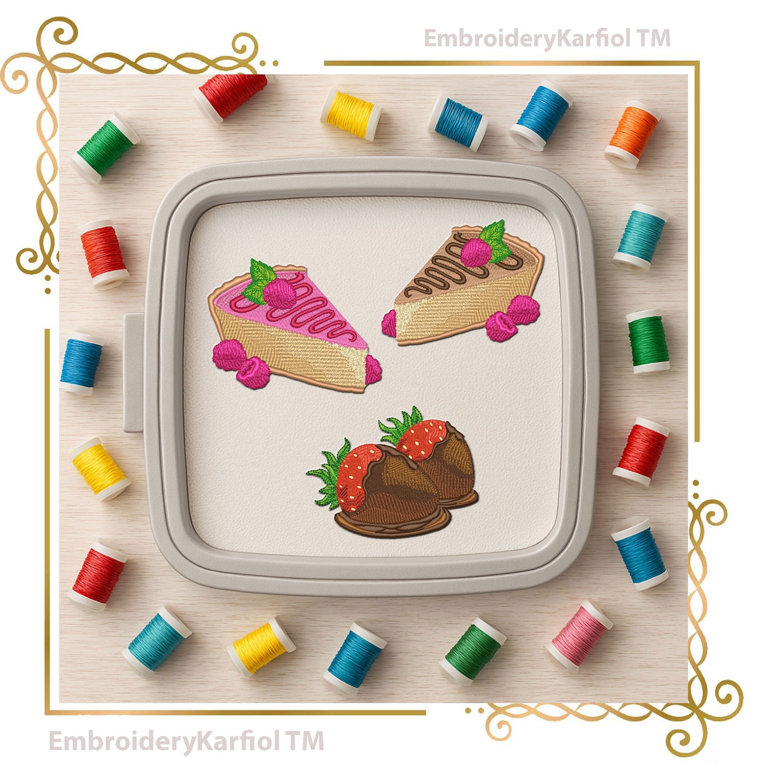 Dessert Embroidery Design Set – Chocolate, Raspberry Cakes, Strawberries (Instant Download)