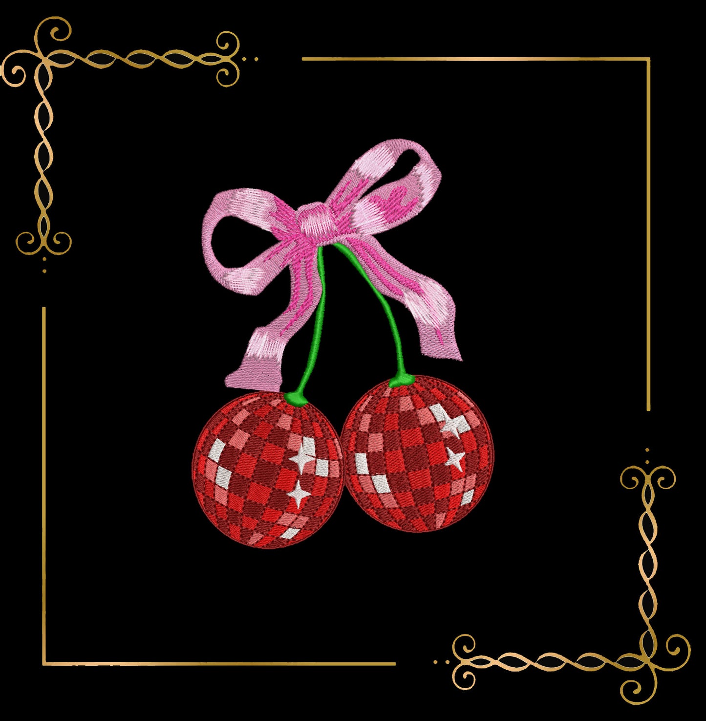 Miscellaneous Cherries with a bow,  in the style of disco mirror ball embroidery design