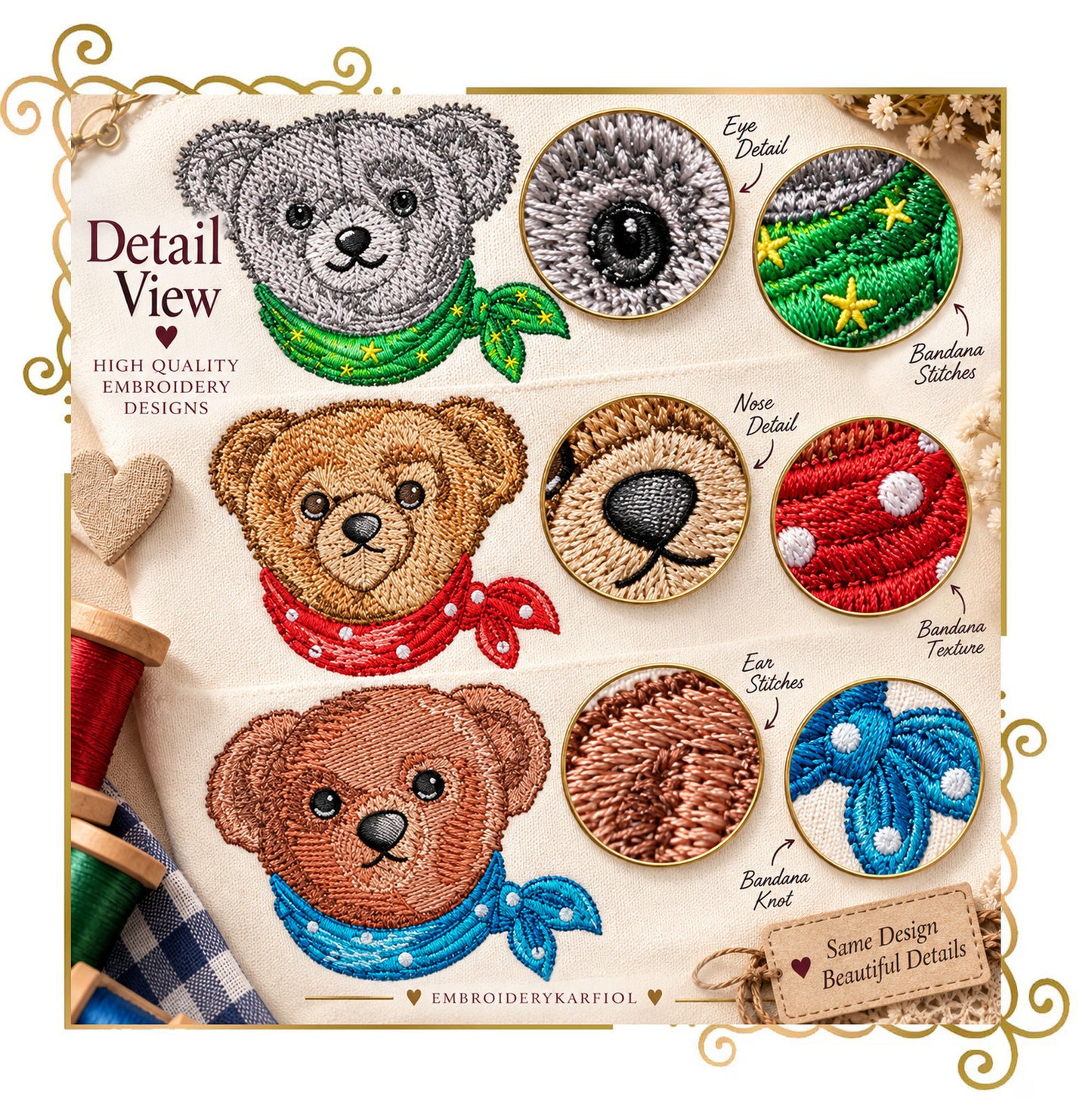 Teddy Bear Classic Style luxury heritage style 3 Elegant Embroidery Designs anthropomorphic bear with Bandanas Vintage to Modern Evolution 3 Bears 3 Sizes