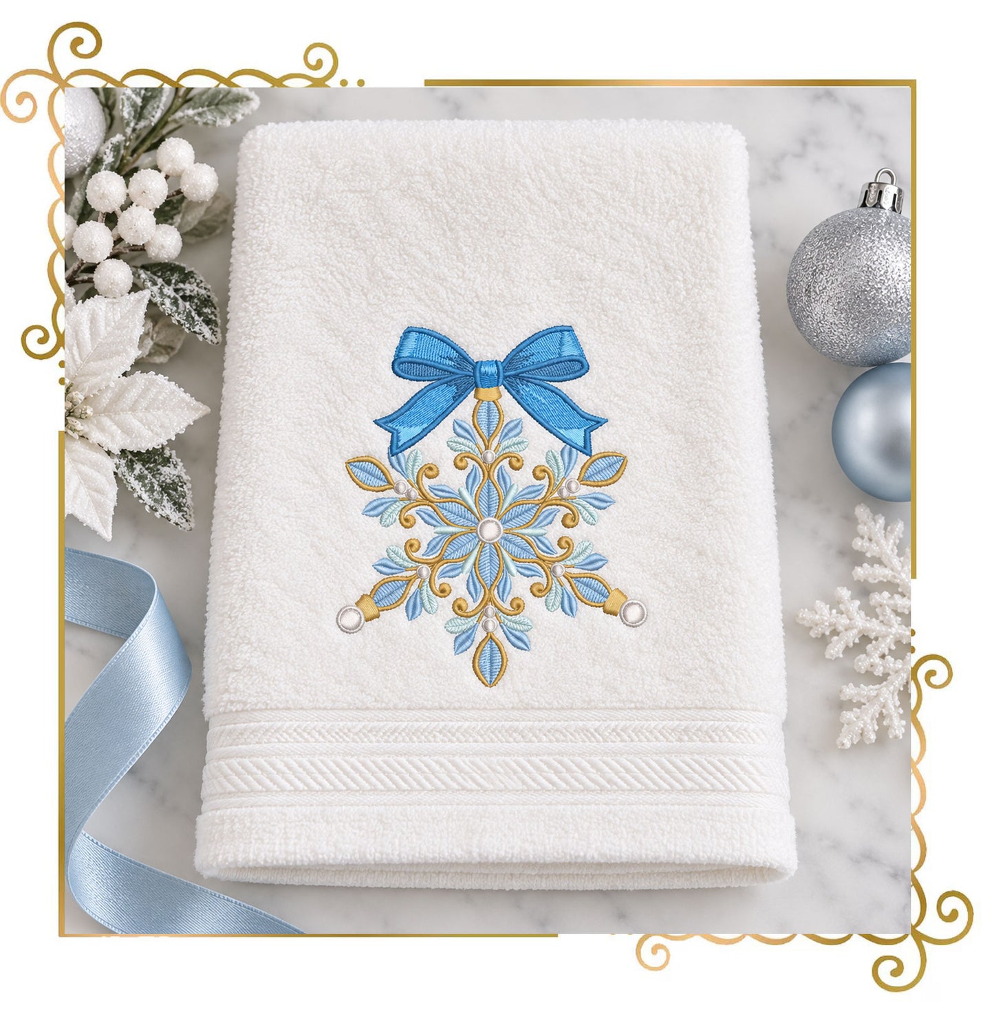 Christmas Snowflake Machine Embroidery Design, Blue Bow Ornament, Winter Holiday Embroidery, Christmas Decor - Digital Download