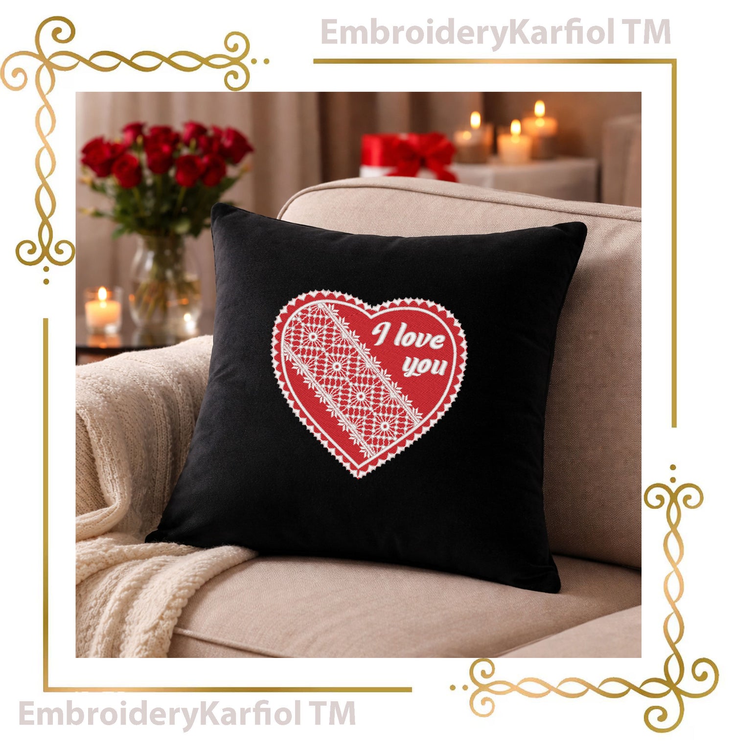 Valentines day Heart Embroidery Design, I Love You, Romantic Valentine Filet Lace Heart (3 Sizes)