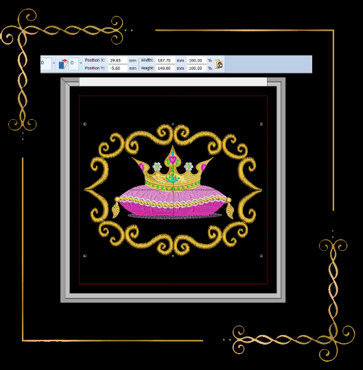 Princess  crown on a framed cushion Aurora machine embroidery design digital