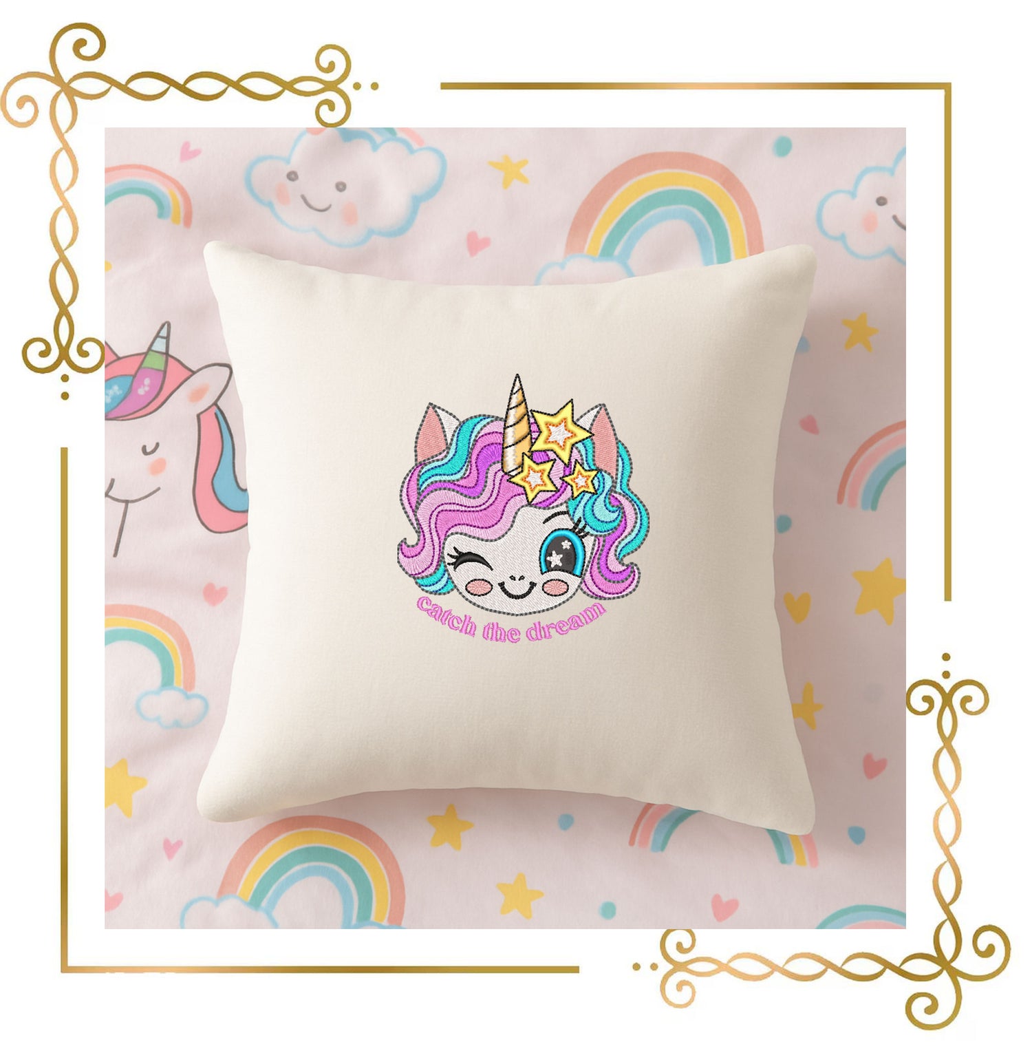 Embroidery Design Unicorn – Catch the Dream Kawaii Face for Machine Embroidery – Cute Pastel Rainbow Digital Download