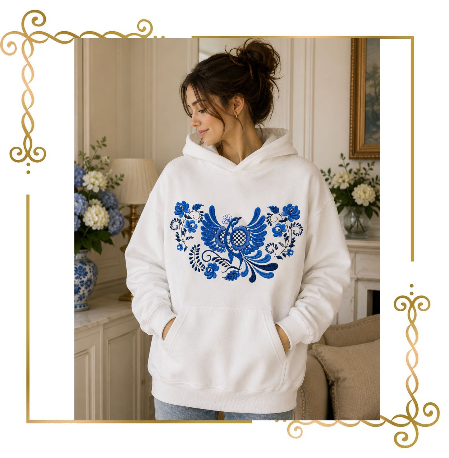 Flowers Blue Firebird, Folk Bird, Blue Folk Firebird Embroidery design Floral 2 Sizes - Instant Download