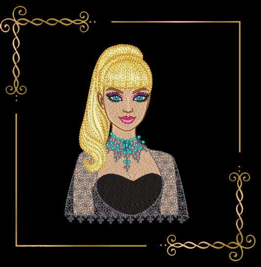 Princess, Barbie Embroidery Design – Glamorous collectible Blonde Doll in Black Lace Dress with Turquoise Necklace – Digital Download