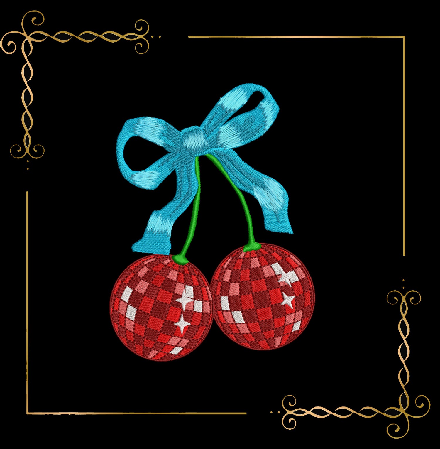 Miscellaneous Cherries with a bow,  in the style of disco mirror ball embroidery design