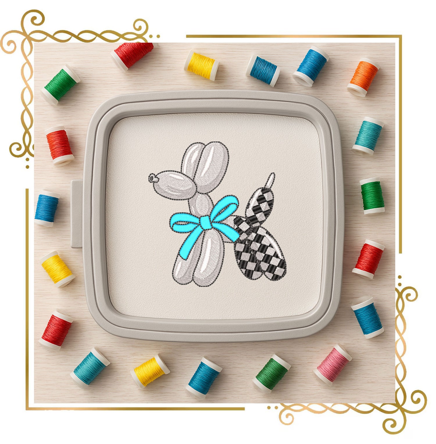 Balloon Dog with Checker Pattern and  Bow Machine Embroidery Design