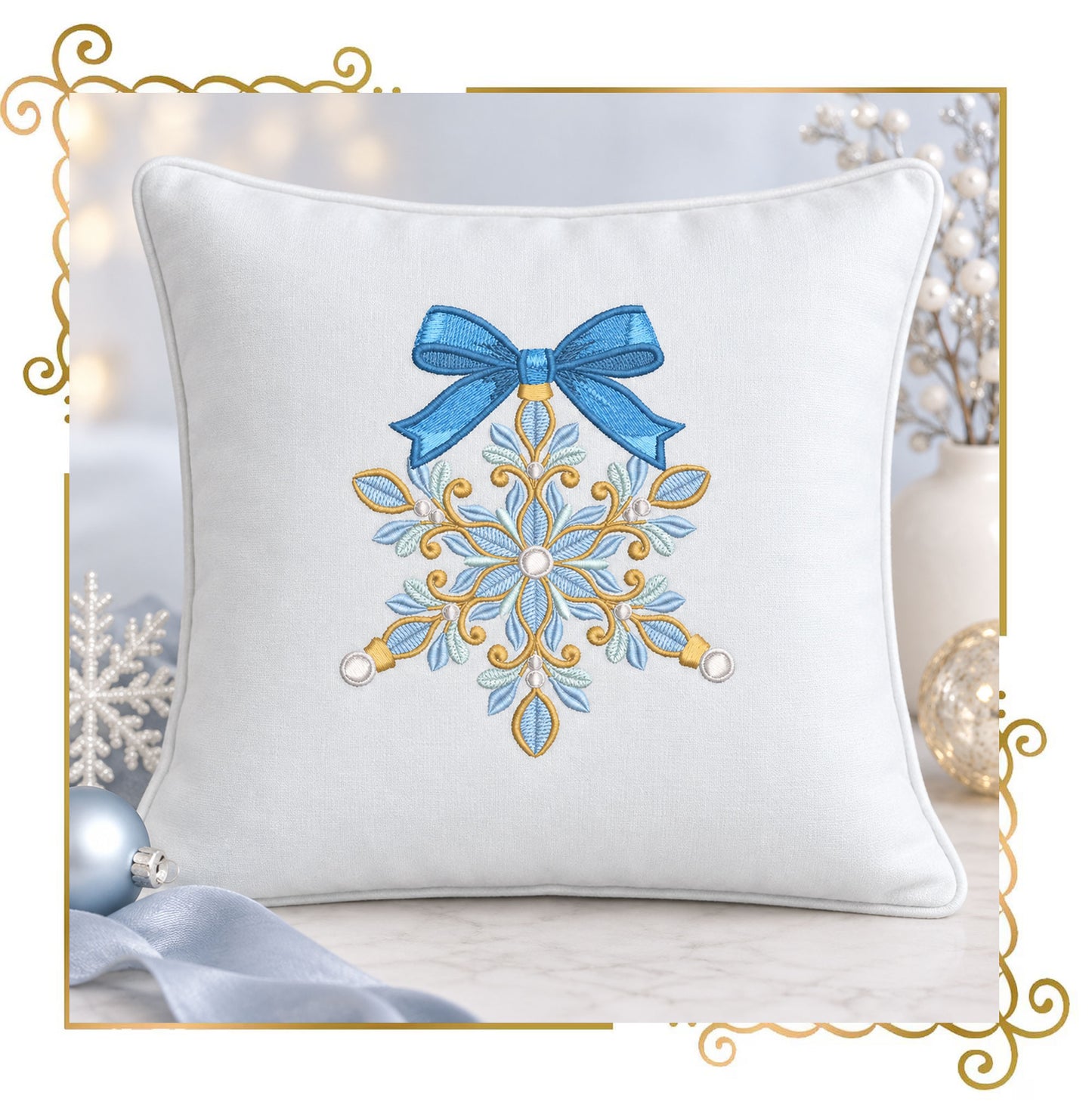 Christmas Snowflake Machine Embroidery Design, Blue Bow Ornament, Winter Holiday Embroidery, Christmas Decor - Digital Download