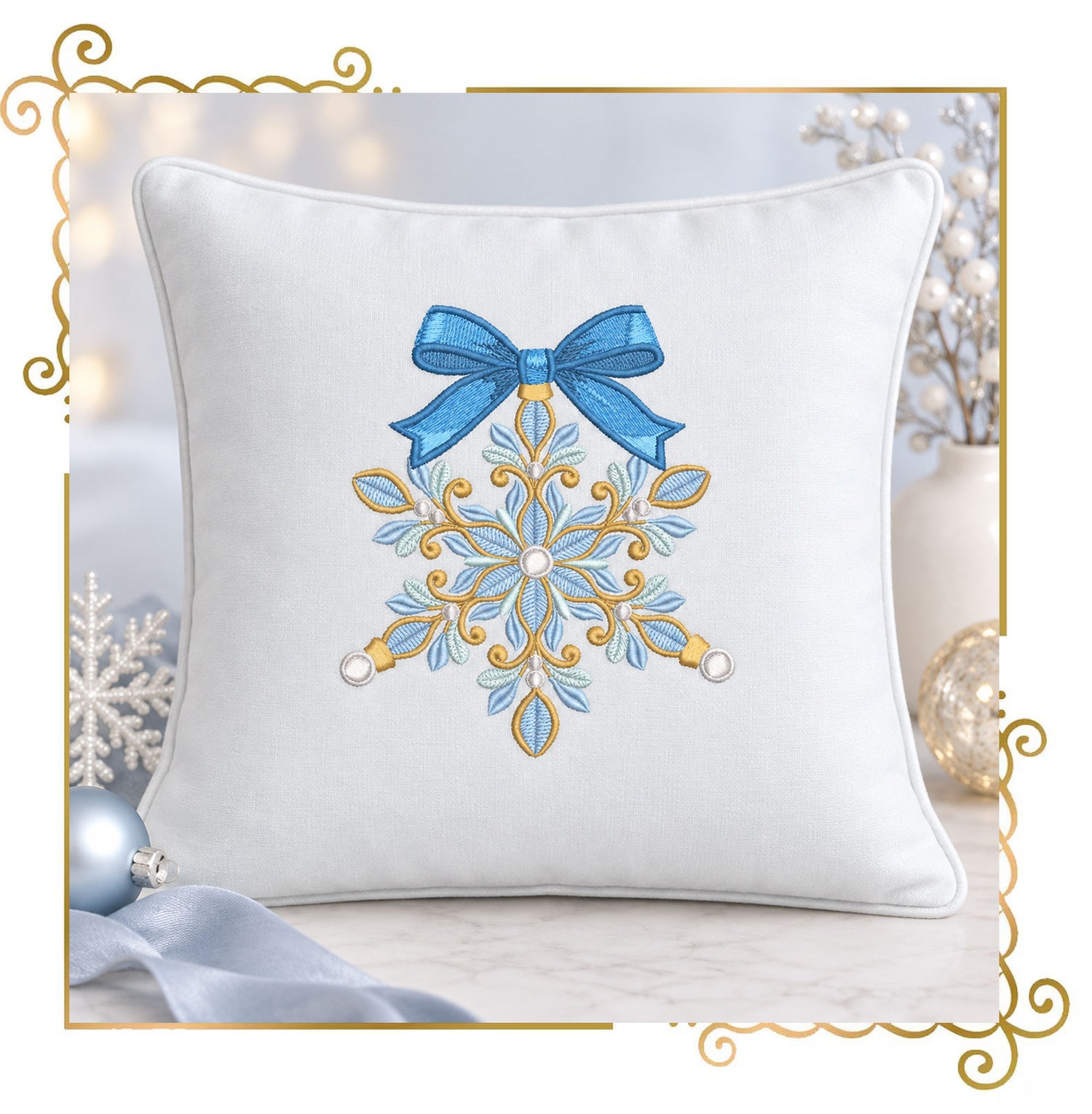 Christmas Snowflake Machine Embroidery Design, Blue Bow Ornament, Winter Holiday Embroidery, Christmas Decor - Digital Download