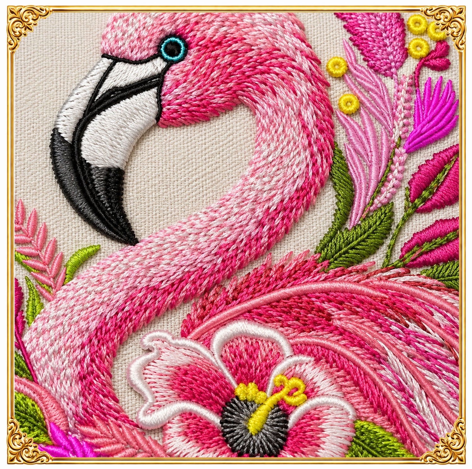 Pink tropical flamingo machine embroidery design decorated with lush summer flowers, digitized in a trendy modern style with smooth satin and fill stitches.