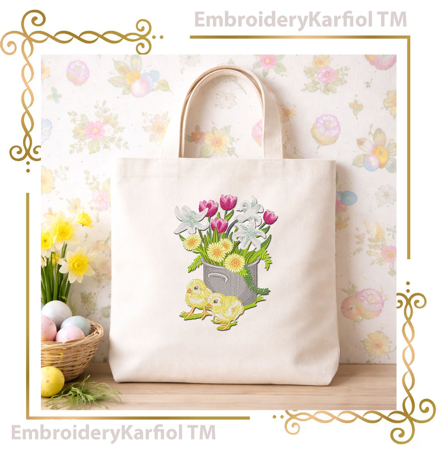 Easter Chicks Flower Pot Embroidery Design – Spring Floral Machine Embroidery