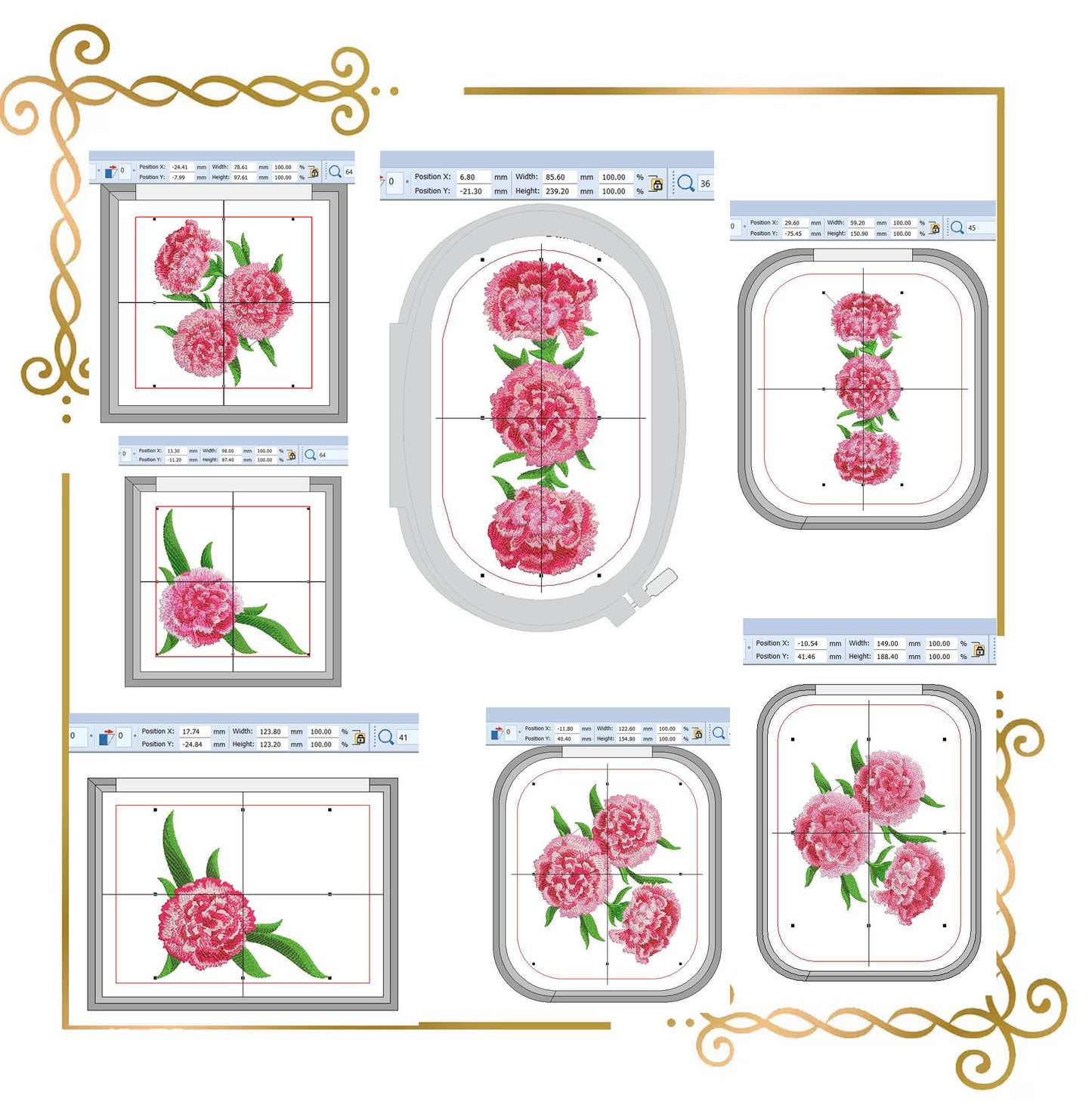 Flowers Pink Carnation machine embroidery design Set — 7 sizes digital download