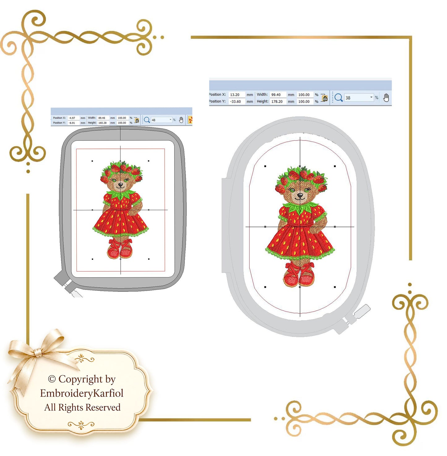 Strawberry Bear Embroidery Design – Teddy in Strawberry Dress, Summer Machine Embroidery, BearKarfiol Series | 2 Sizes