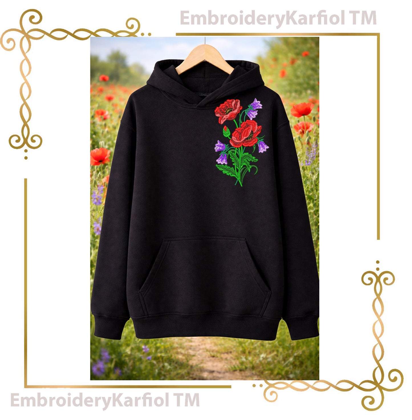 Flowers Poppy and Bellflower Embroidery Design, Red Poppies with Purple Flowers, Wildflower Bouquet Machine Embroidery File