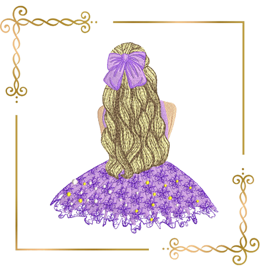 Princess Cute girl wearing beautiful dress wavy hair machine embroidery design