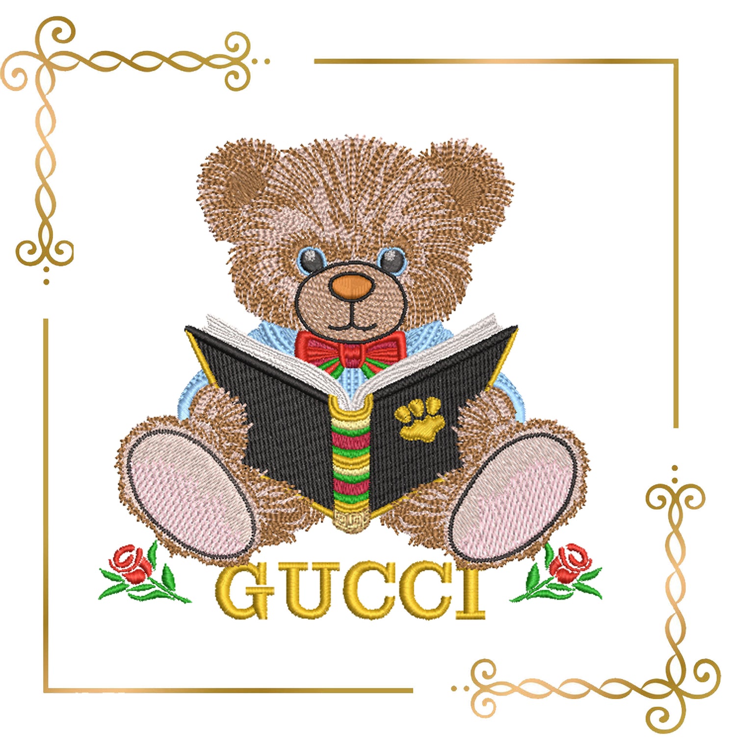 Teddy bear reading a book, cartoon character machine embroidery design digital