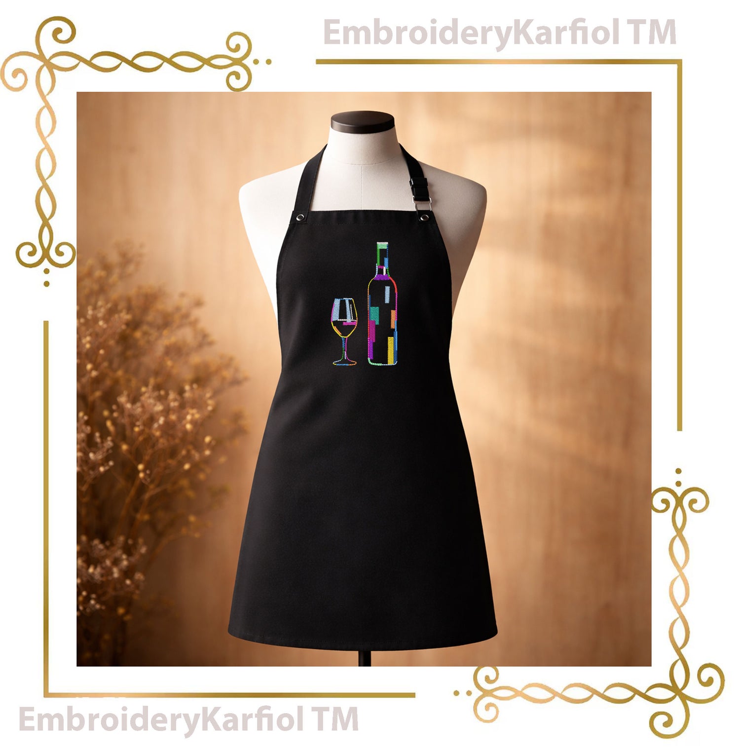 T-shirt Abstract Wine Bottle and Glass Embroidery Design | Artistic Line Art Style